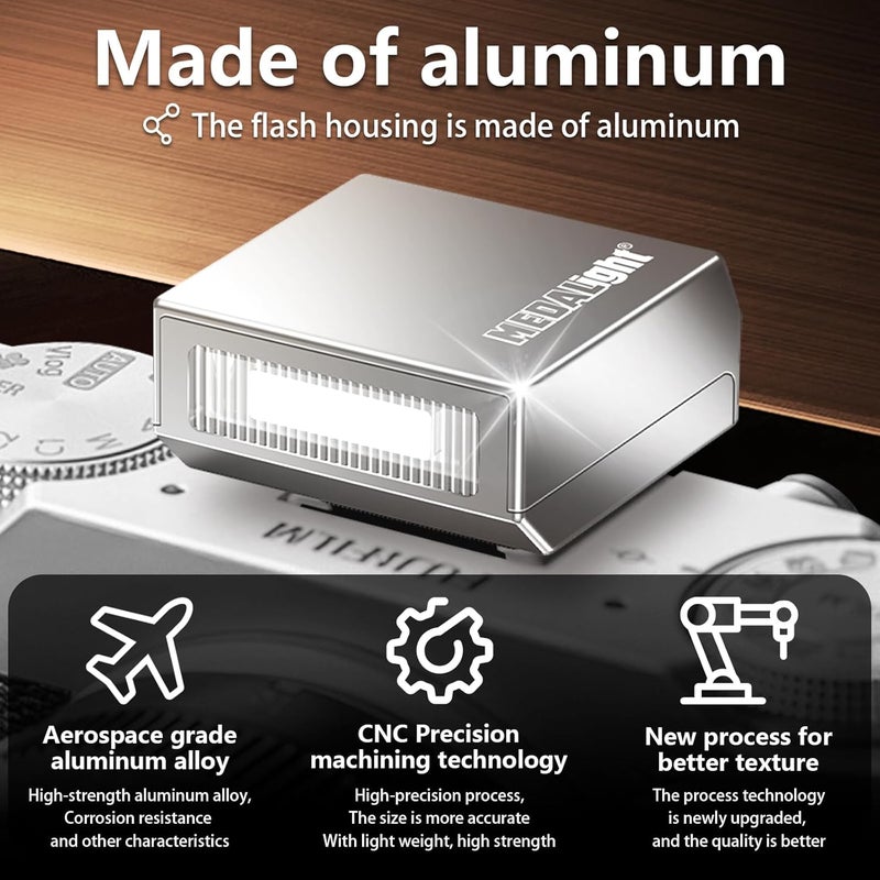 MEDALight New Aluminum F1s Mini Camera Flash for Ricoh GR3/GR3X/Fuji/Sony ZV1/Nikon/Canon/Olympus/Digital Film Cameras,Portable Hot Shoe Speedlite for DSLR Camera(Silver) - Image 3